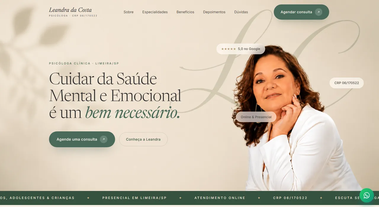 Página inicial do site de Leandra da Costa